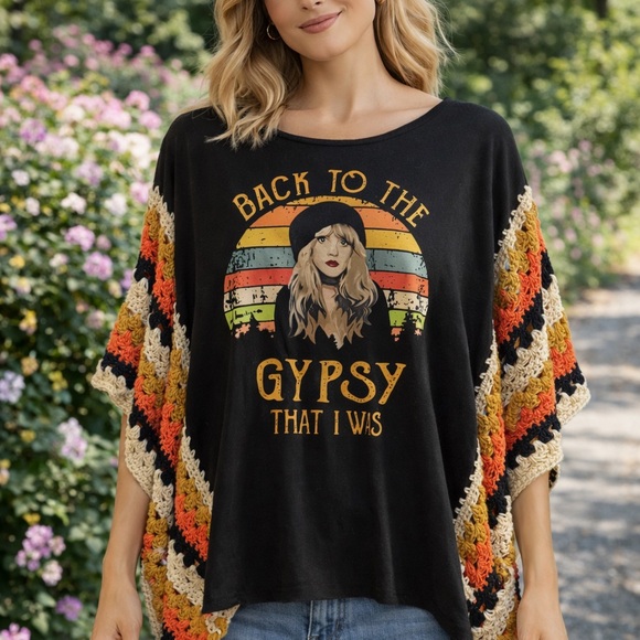 The Knotty Crocheter Tops - Women’s Black Graphic Short Sleeve Tee with Crocheted Accent
